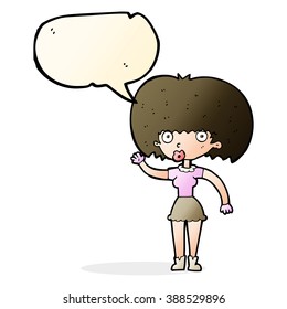 cartoon woman waving with speech bubble