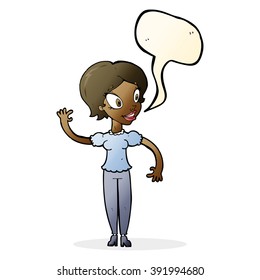cartoon woman waving with speech bubble
