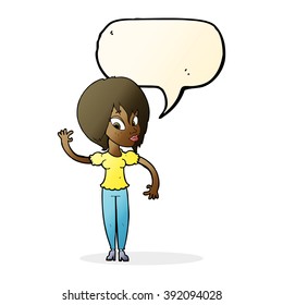 cartoon woman waving with speech bubble
