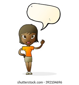 cartoon woman waving with speech bubble