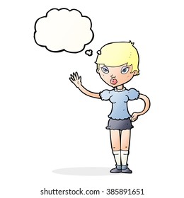 cartoon woman waving with thought bubble