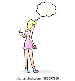 cartoon woman waving with thought bubble