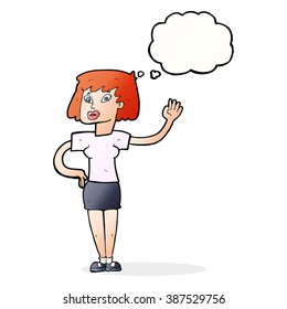 cartoon woman waving with thought bubble