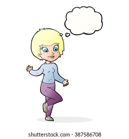 cartoon woman waving with thought bubble