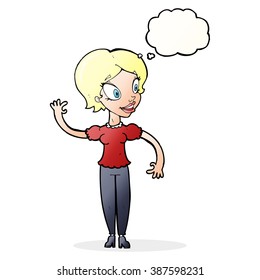 cartoon woman waving with thought bubble