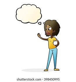 cartoon woman waving with thought bubble