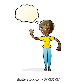 cartoon woman waving with thought bubble
