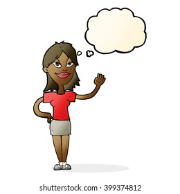 cartoon woman waving with thought bubble