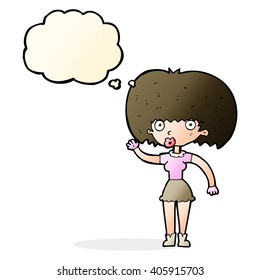 cartoon woman waving with thought bubble
