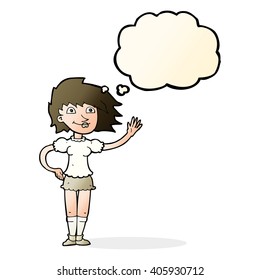 cartoon woman waving with thought bubble