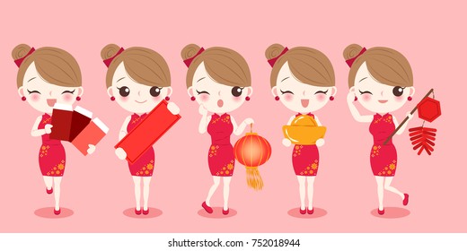 cartoon woman wear cheongsam with chinese new year on the red background