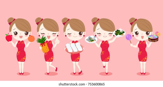 cartoon woman wear cheongsam with new year on the red background