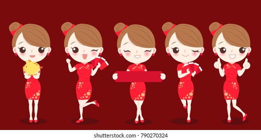 cartoon cartoon woman wear cheongsam on the red background
