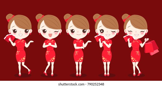 cartoon woman wear cheongsam and take red envelope on the red background