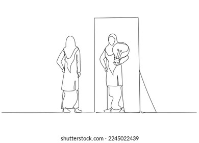 Cartoon of woman wear hijab getting bright business idea solution after inner talk. Single line art style