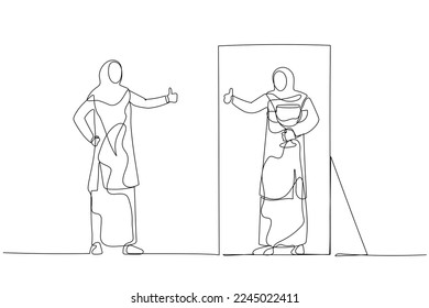 Cartoon of woman wear hijab looking into mirror self giving thumb up concept of self love. Single line art style