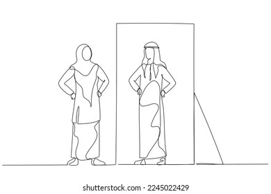 Cartoon of woman wear hijab looking at opposite gender of self on mirror reflection. Single continuous line art