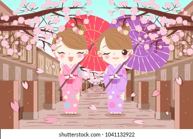 cartoon woman wear kimono with cherry blossoms