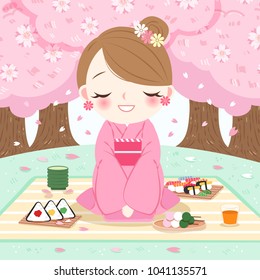 cartoon woman wear kimono with cherry blossoms