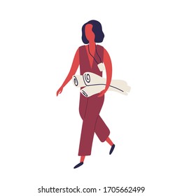 Cartoon woman wearing badge holding paper roll vector flat illustration. Business stylish female corporate employee with pass carrying document isolated on white. Professional engineer character