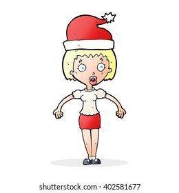 cartoon woman wearing christmas hat shrugging shoulders