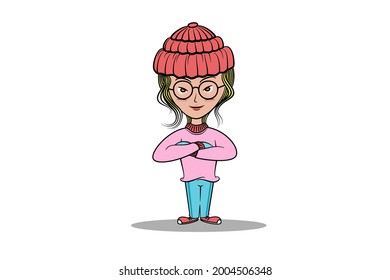 Cartoon woman wearing glasses wearing a hat and wearing a sweater with her arms crossed