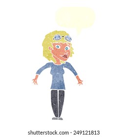 cartoon woman wearing goggles with speech bubble