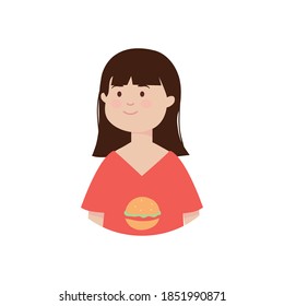 cartoon woman wearing hamburger tshirt over white background, flat style, vector illustration