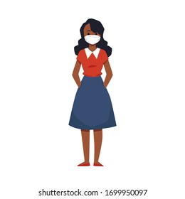 Cartoon woman wearing medical mask for virus protection - girl protecting her face from coronavirus or other respiratory disease. Flat isolated vector illustration.