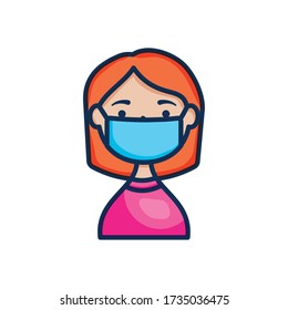 cartoon woman wearing mouth mask icon over white background, line color style, vector illustration