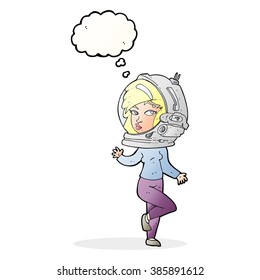 cartoon woman wearing space helmet with thought bubble