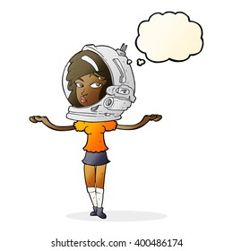 cartoon woman wearing space helmet with thought bubble