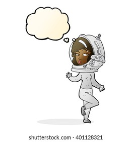 cartoon woman wearing space helmet with thought bubble