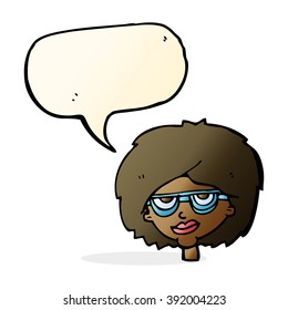 cartoon woman wearing spectacles with speech bubble