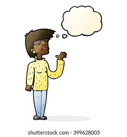cartoon woman wearing spectacles with thought bubble