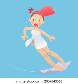 Cartoon woman wearing white towel slipping in toilet. Vector illustration and cartoon character design.