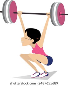 Cartoon woman weightlifter. Woman lifting heavy barbell during workout
Female weightlifter training strength gym sport. Cartoon athlete performing powerlifting 
