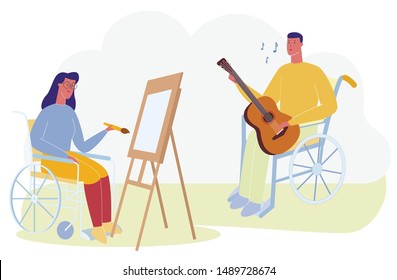 Caricatura Mujer en silla de ruedas Dibuja Retrato. Hombre con música de guitarra, ilustración del vector de canción de canto. Adaptación Social, Apoyo, Comunicación. Rehabilitación de personas con discapacidad física y discapacidad