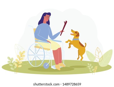 Cartoon Woman in Wheelchair in Park Vector Illustration. Happy Girl Play Stick with Dog. Medical Rehabilitation, Handicapped Person Adaptation Recovery, Service Animal Help Support