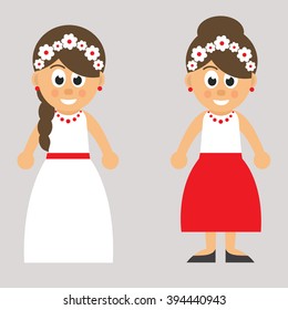 cartoon woman in white dress and red skirt