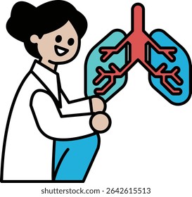Desenho de uma mulher de jaleco branco segurando um estetoscópio. A mulher está sorrindo e o estetoscópio está vermelho. A imagem é sobre um médico examinando um paciente