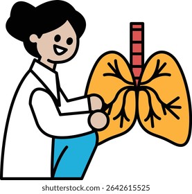 A cartoon of a woman in a white lab coat holding a lung. The woman is smiling and the lung is orange