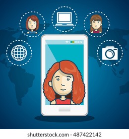 cartoon woman white smartphone connection web world graphic