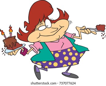 cartoon woman who is happily eating chocolate birthday cake