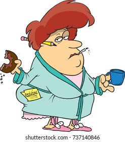 cartoon woman who has given up on all of her resolutions/goals by eating a donut, smoking, and drinking