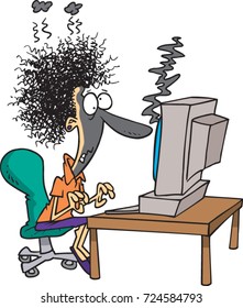 cartoon woman who has just been fried along with her desktop computer