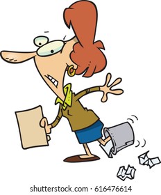 cartoon woman who has stepped in a waste basket
