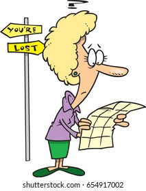 cartoon woman who is lost looking at a map