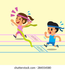 Cartoon woman winning a race before a man
