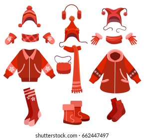 Cartoon woman winter clothes and female cold weather accessories isolated on white. Knitting gloves and scarf, coat and fur boots, vector illustration